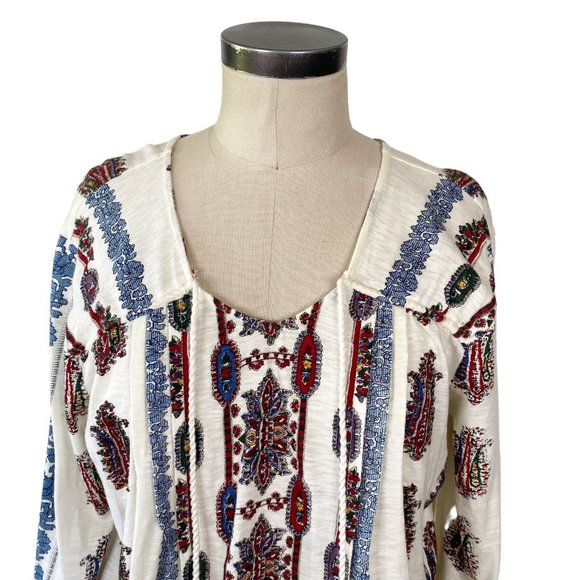 Sundance Catalog Namara Tee Long Sleeve Top Large Ivory Print Tassel Boho - Picture 2 of 11